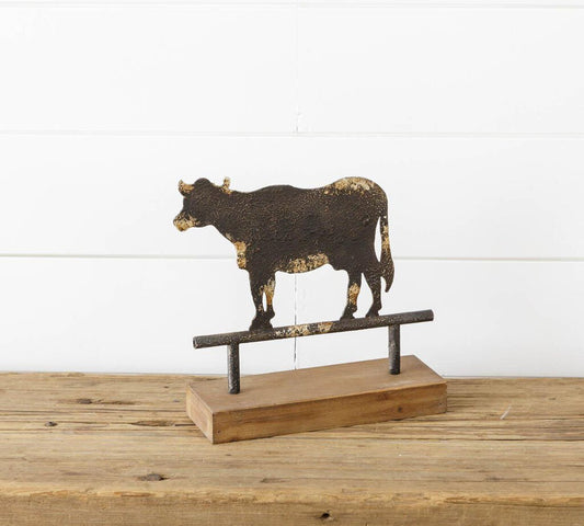 Distressed Cow on Wood Base