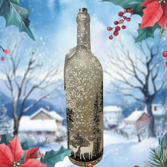 2496010 14.5"H B/O lighted Forest Scene Frosted Glass Bottle w Timer